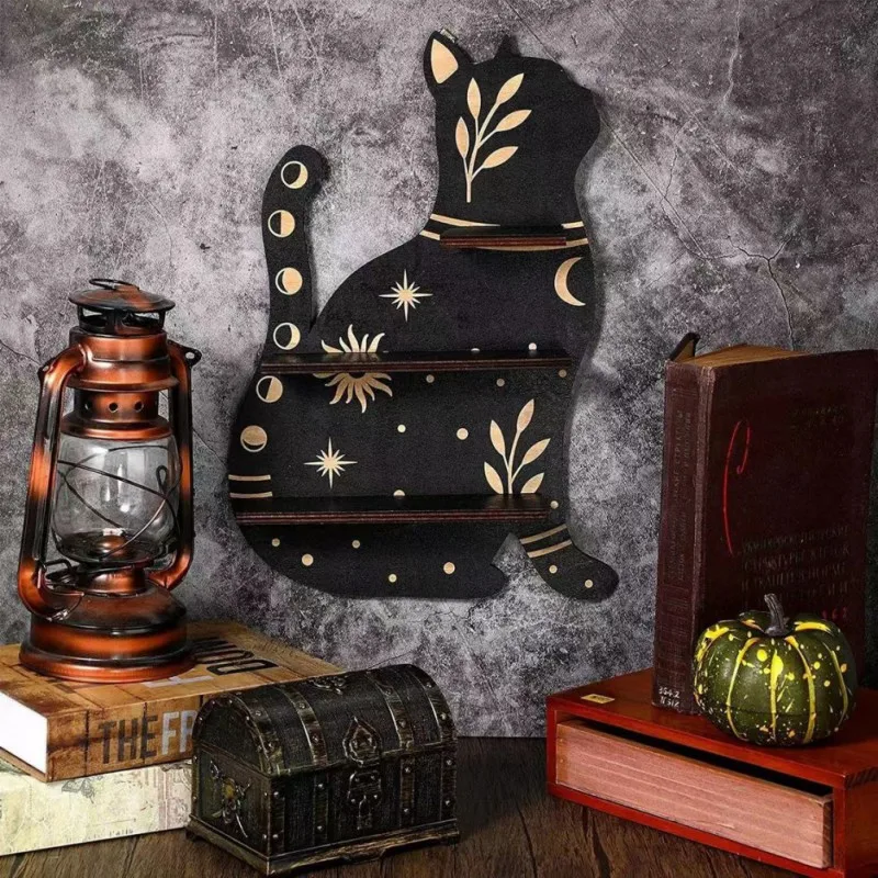 

Wall Hanging Home Decor Crystal Shelf Black Cat Crystal Display Storage Rack Handicraft Wall Art Decor Wooden Storage Rack