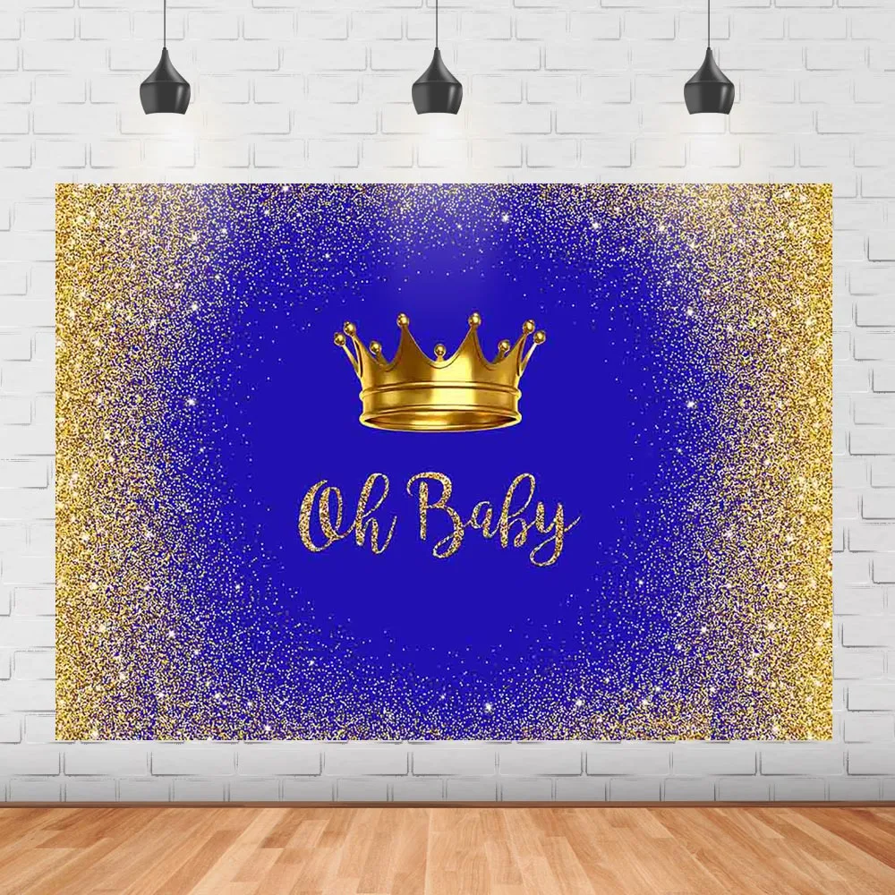 

Baby Shower Oh Baby Birthday Backdrop Royal Blue Shining Dots Crown Photography Background Newborn Baby Portrait Photo Studio