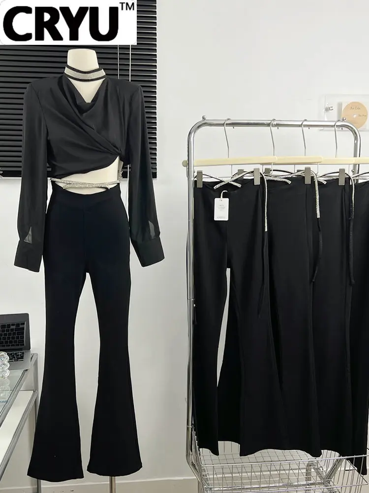 

Women Autumn Winter 2022 New High Waist Cross Design Black Bell Bottom Vintage Mopping Flare Pants Simple Basic Trendy Style