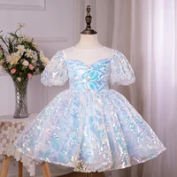 girls dress blue sequin flower girl wedding little girl dress short sleeve puffy baby one year old princess dress