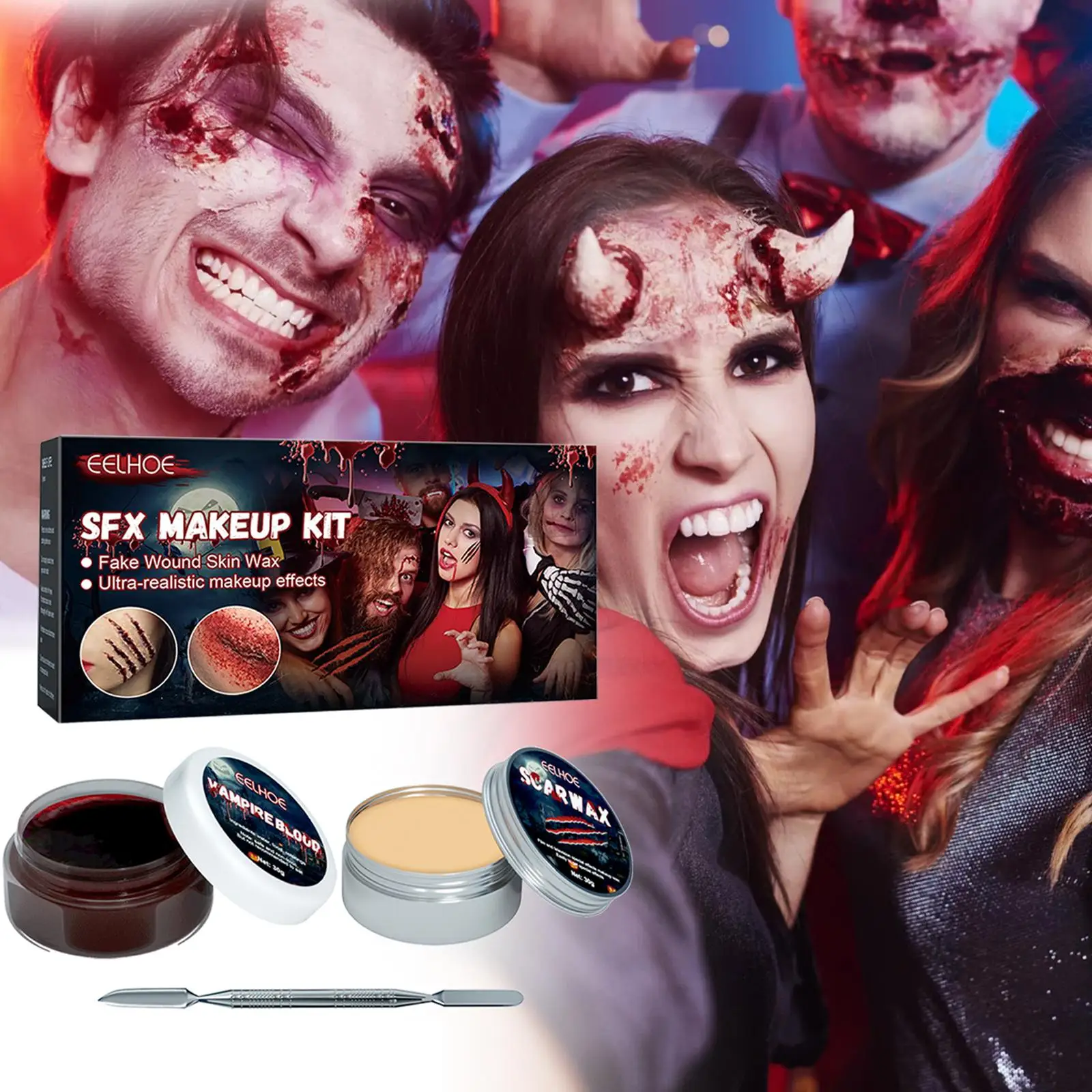 Halloween SFX Makeup Kit Safe Skin-friendly Scars Wax Fake Blood Gel Silver Spatula Special Effects Realistic Wounds Set |