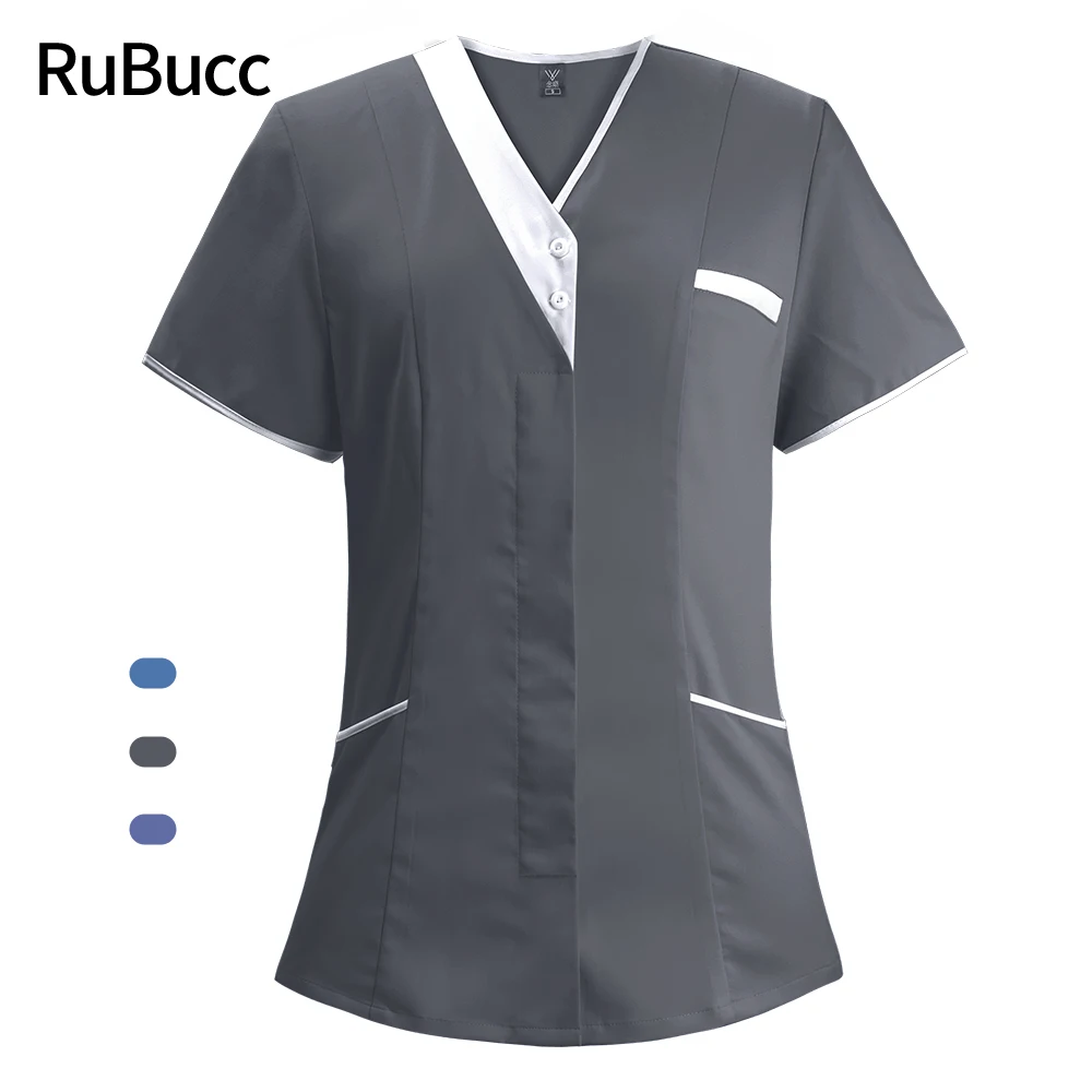 

Nursing Uniform Women Plue Size Splicing V Neck Pocket Scrub Tops Casual Short Sleeve Top T-shirts Ladies Salon Working Clothes
