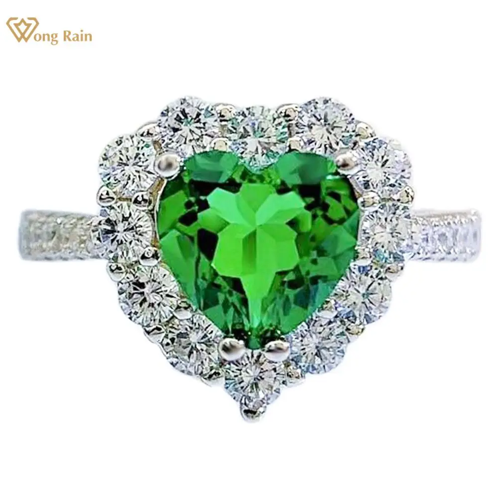 

Wong Rain, 100% Стерлинговое Серебро 925 пробы, огранка в виде сердца, Изумрудный Рубин, высокоуглеродные бриллианты, драгоценный камень, свадебное ...