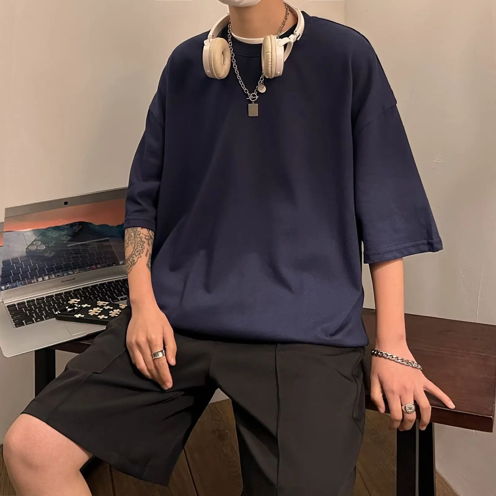 

Футболка мужская базовая с коротким рукавом, модная однотонная хлопковая рубашка в Корейском стиле, свободная уличная одежда в стиле Харадзюку, Y2k, лето