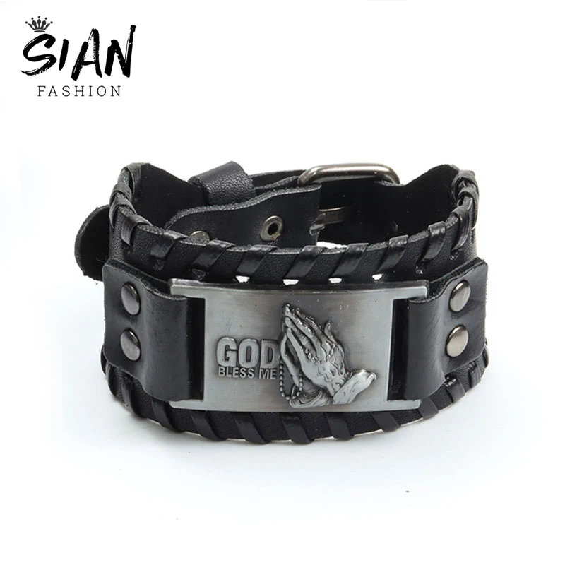 

God Bless Me Wide Leather Bracelets for Women Men Punk Adjustable Wristband Bracelet Bangle Hip Hop Protection Jewelry Wholesale