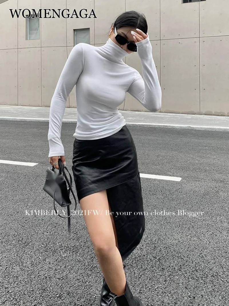 

WOMENGAGA Solid Color Slim High Neck T-shirt For Women Spring Autumn New Hot Sexy Korean Women Tees Sweet Tops 2023 Q72A