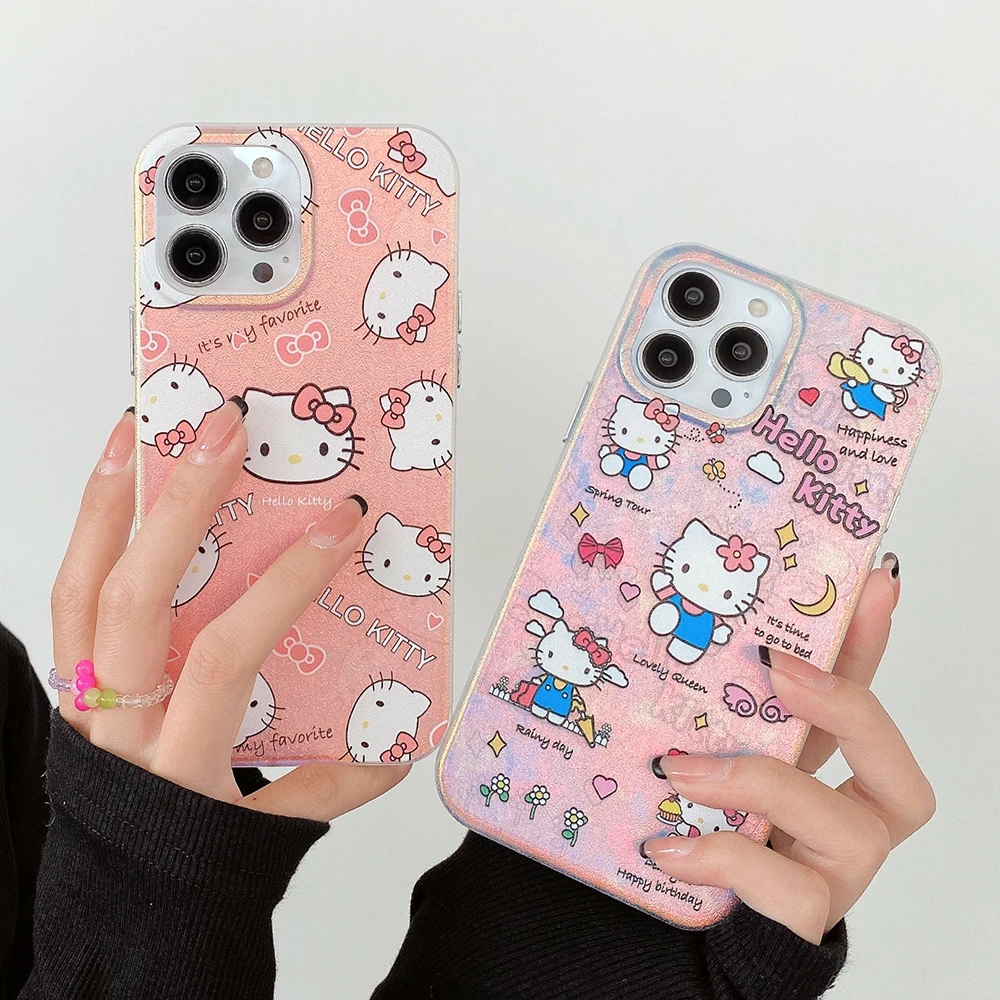 

Cartoon Sanrio Hello Kitty Luxury Laser Phone Case For iPhone 14 13 12 11 Pro Max 14 Pro Anti-drop Soft Back Cover Y2k Girl Gift