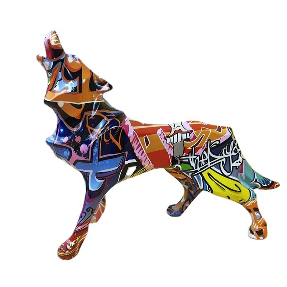 

Graffiti Wolf Figurine Animal Statue Abstract Geometric Style Resin Crafts Home Decor Desktop Wolves Sculpture Ornament