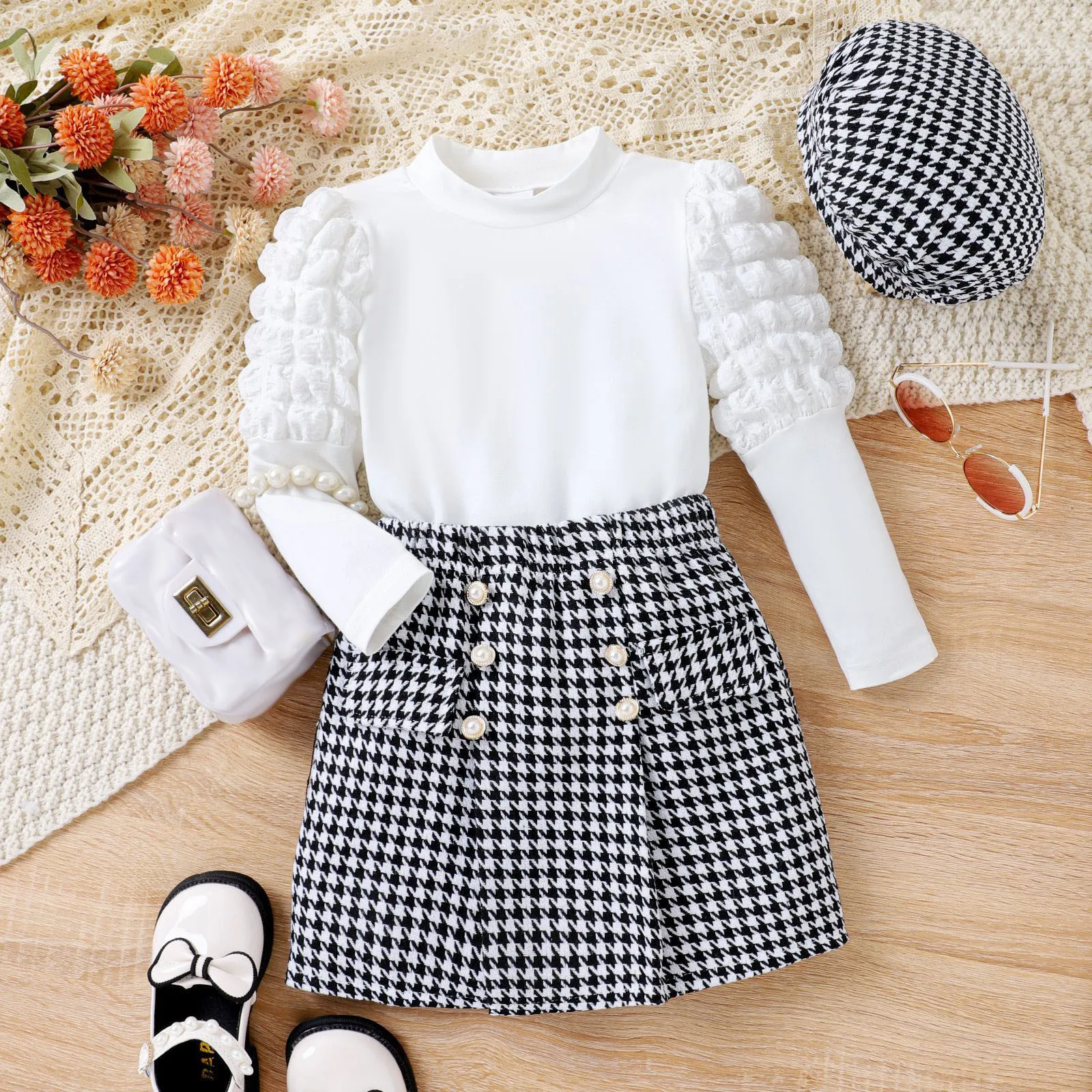 

4-7Y Toddler Girl Clothes Set Ruffles White Top+Bowknot Plaid A-line Skirts+Hats Fashion Winter Girls School Outfits Suits