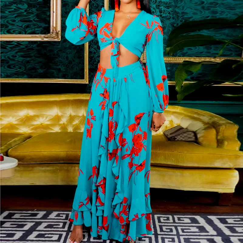 

New Spring Long Sleeve Holiday Outfits Elegant Deep V Neck Lace-up Crop Tops+Long Ruffle Skirt Set Fashion Floral Print 2pc Suit