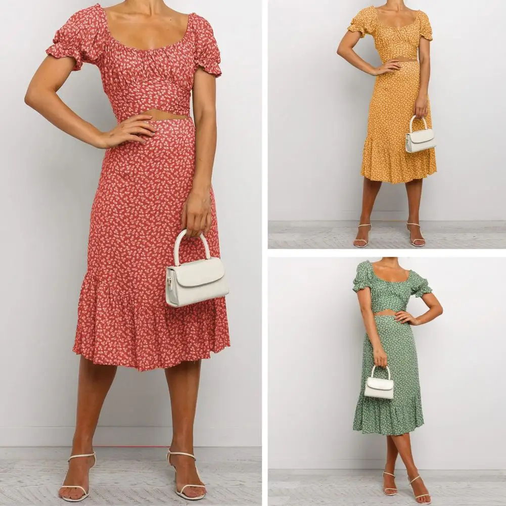 

2 Pcs/Set Tops Skirt Suit Sweet Style Refreshing Lace Up Easy to Match Young Round Neck Short Sleeves Flower Print Flower Print