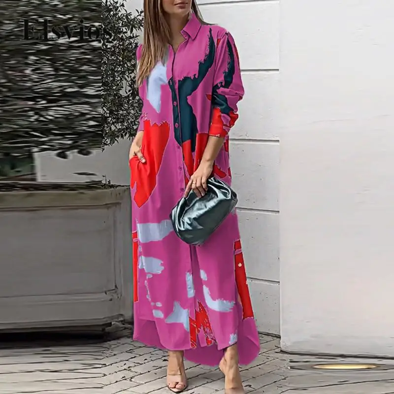 

Женское винтажное длинное платье-рубашка, Осеннее модное однобортное свободное Макси-Платье с принтом, элегантное платье с отложным воротником