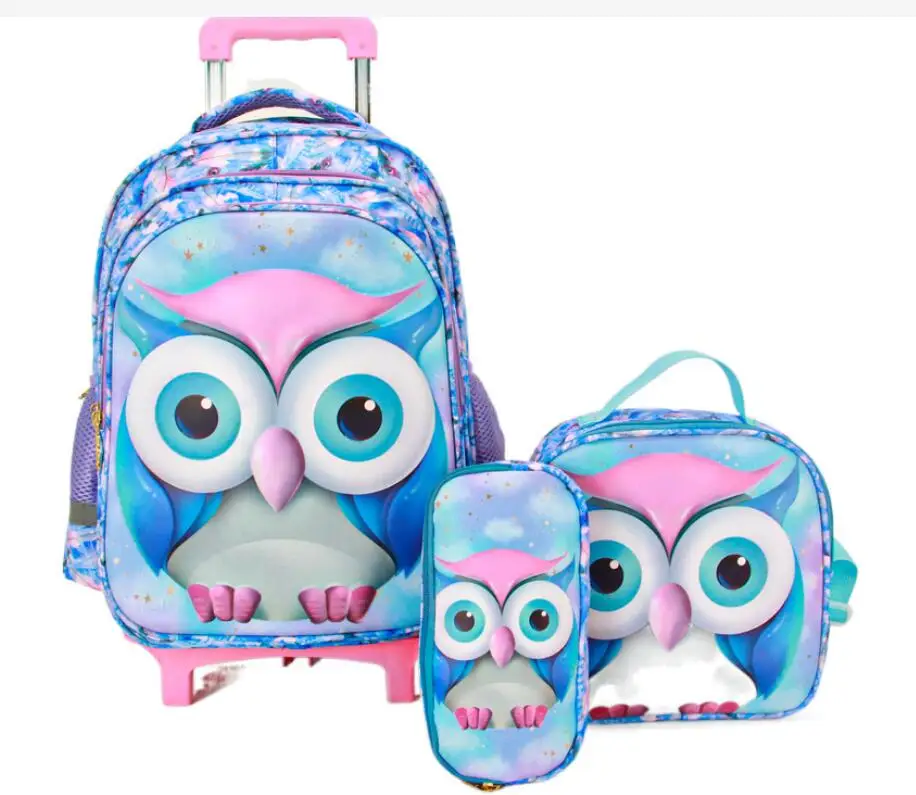 Школьная сумка на колесиках для девочек, детский рюкзак на колесиках с рисунком совы для школы, сумка для ланча, ручка на колесиках