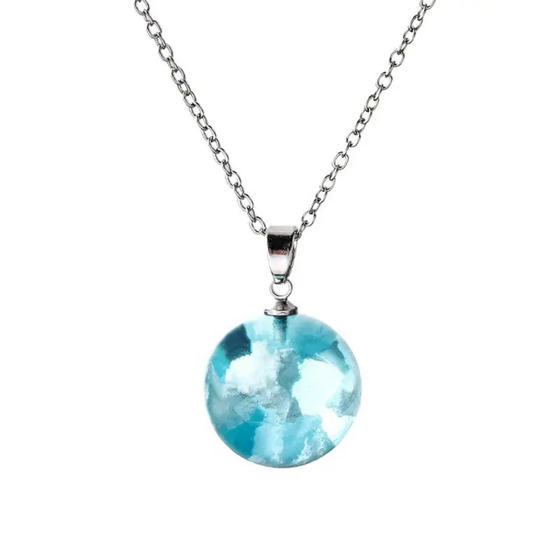 

Luminous Glass Ball Pendant Necklace White Clouds Blue for sky Necklace for Fema