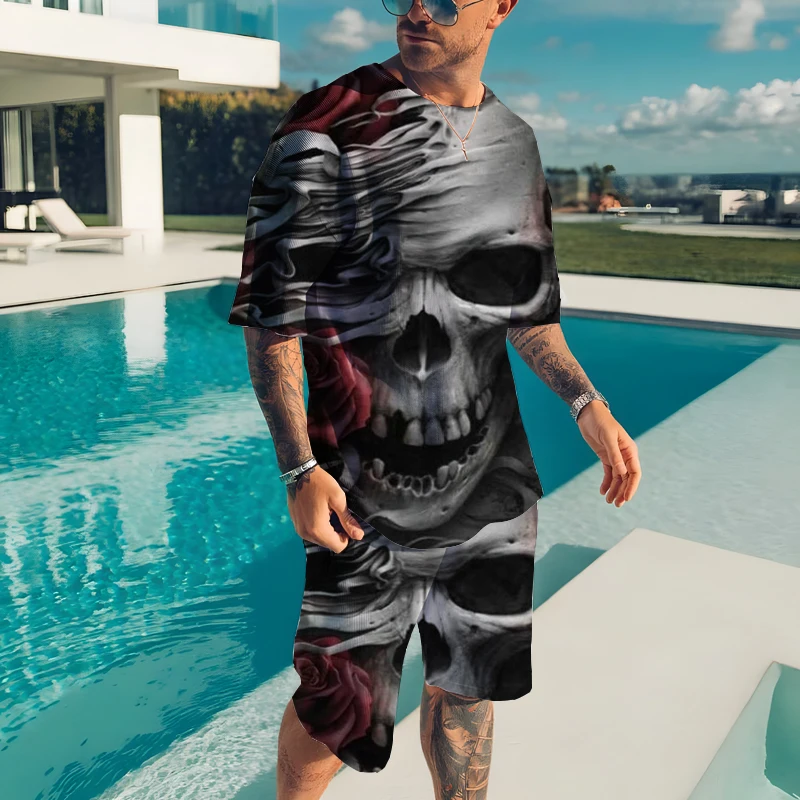 Summer Men's T-shirt Set European and American Alphabet Skull Oversized Suit Trend Casual Beach Style 3D Printing T-shirt Shorts