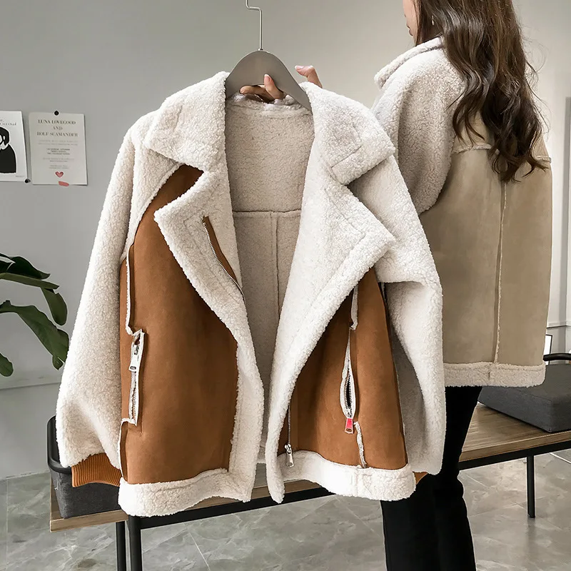 BHWYFC Plus Size Women's Jacket Large Lapel Thicke Short Faux Fur One-piece Sheep Plus Velvet lamb fleece Motorcycle Jacket