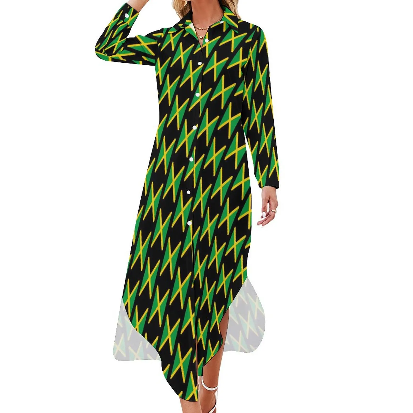 

Jamaican Flag Casual Dress Travel Sports Fan Street Fashion Dresses Sexy V Neck Festival Chiffon Dress Long Sleeve Vestido 5XL