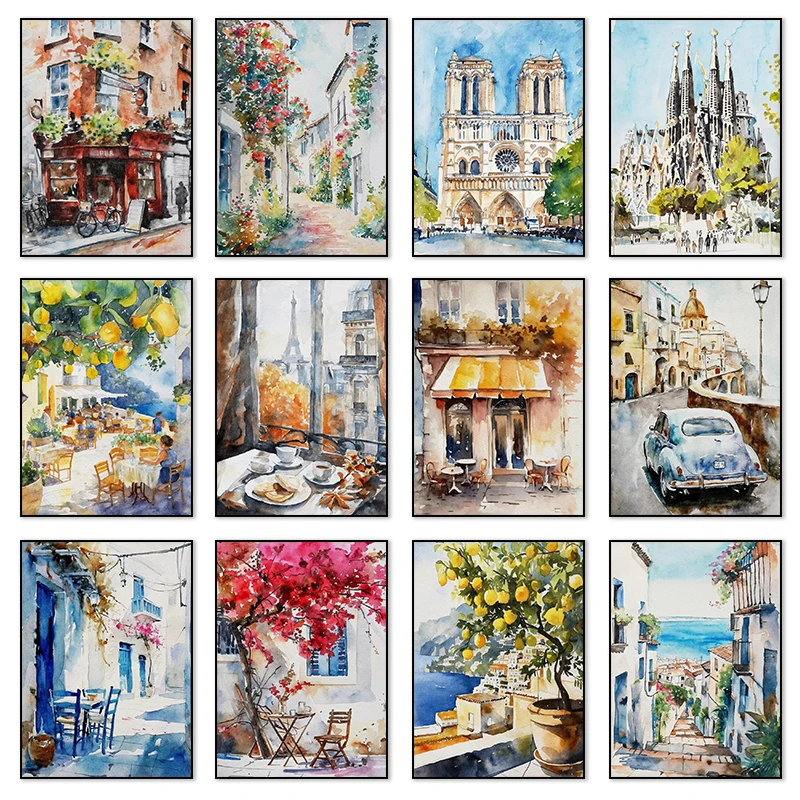 Париж Рим Санторини Прибрежный город Архитектура пейзаж акварель