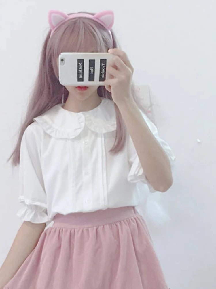 

Merry Pretty White Shirt Kawaii Peter Pan Collar Preppy Style Blouses Woman Sweet Ruffle Short Sleeve Tops Summer 2022 Fashion