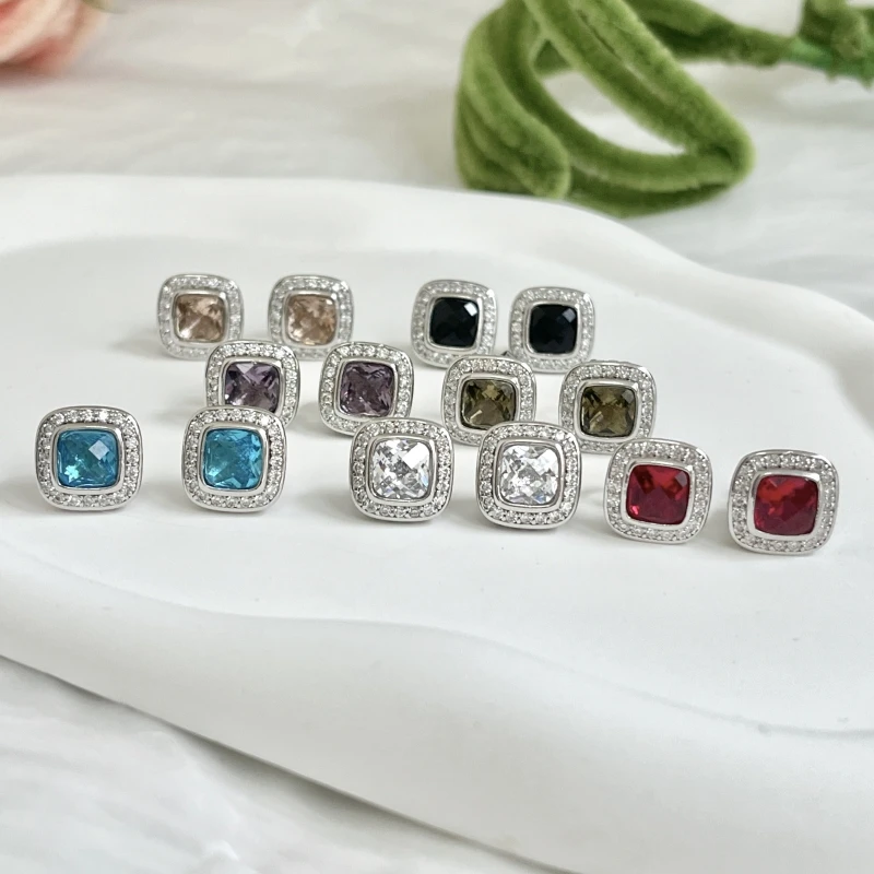 

925 Sterling Silver Elegant Ladies Earrings Inlaid with Square Zircon Stud Vintage Jewelry for Women Wedding Party Banquent Gif