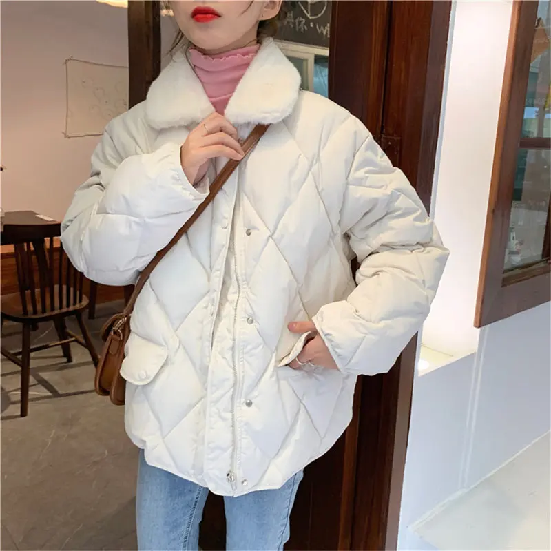 2021 Diamonds Women Thick Warm Loose Jacket Fur Collar Casual Fashion Womens Winter Cotton Coat Outerwear Feminina New Parkas