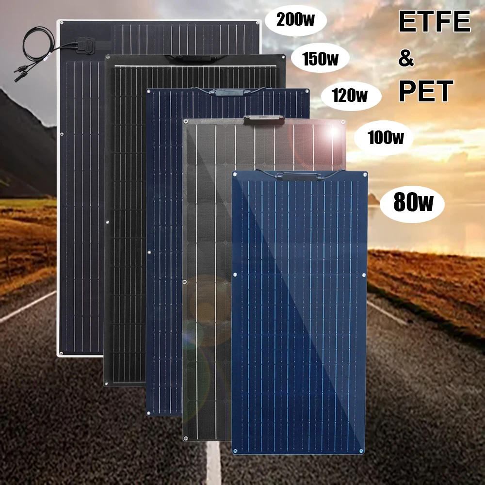 200w 150w 120w 100w 80w Etfe Pet Solar System Balcony Photovoltaic Panel For Home Car Boat Camper 12v Battery