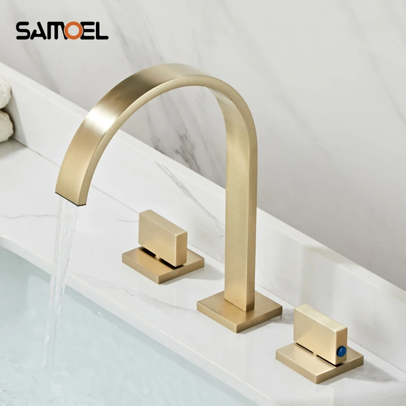 Brushed Gold Bathroom Basin Faucet Hot and Cold Water Faucet Three Holes Two Handle Mixers Tap Deck Mount Wash Tub Faucet BF1048