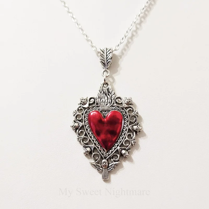 

Gothic Burning Heart Pendant Necklace For Women Fashion Witch Jewelry Accessories Vintage Silver Color Heart Choker New Trend