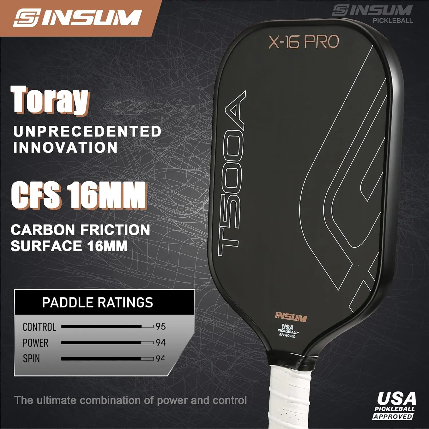 T500A Toray Raw Carbon Fiber 16mm Pickleball Paddle Sets USAPA Approved Designed for Ultimate Spin &amp Consistency Rackets - Black