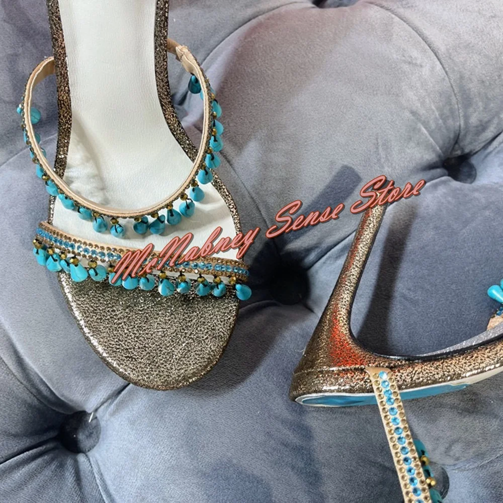 Blue Bead Fringe Sandals Snake Wrapped Slip On Thin High Heels Women Shoes Open Toe Bare Heels Mixed Colors Sandals Summer Party