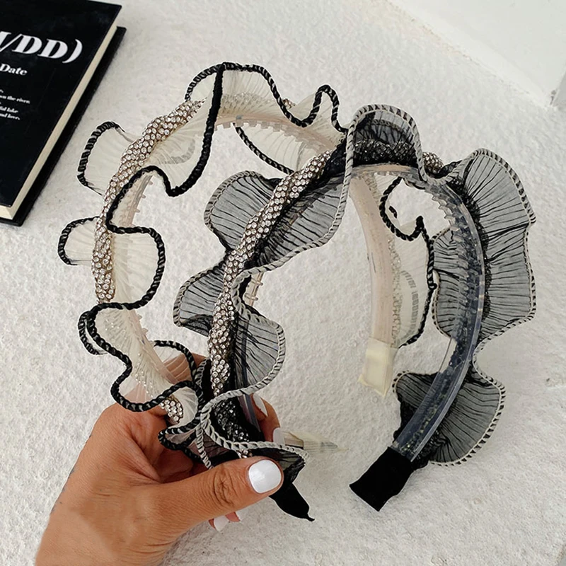 

Organza Wrinkled Wide Hair Hoop Mesh Shiny Diamond-studded Head Hoop Pleated Wavy Ruffled Headband Elegant Handmade Hairband