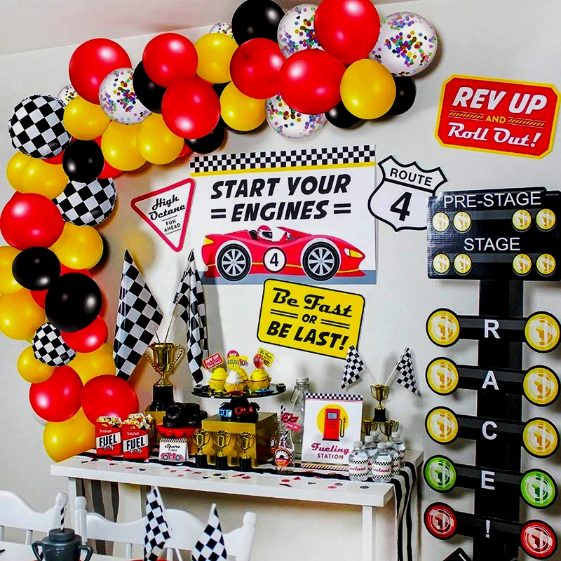 

Racing Car Party Balloons Arch Garland Kit Latex Red Black Balloon Arch Kit Flag Foil Globos for Boys Birthday Party Decoration