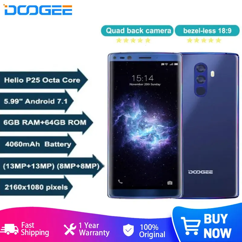 

DOOGEE Mix 2 4G LTE 4060mAh 6GB 64GB 5.99'' FHD+ Mobile Phone Android 7.1 Helio P25 Octa Core Quad Camera 16+13MP Smartphone