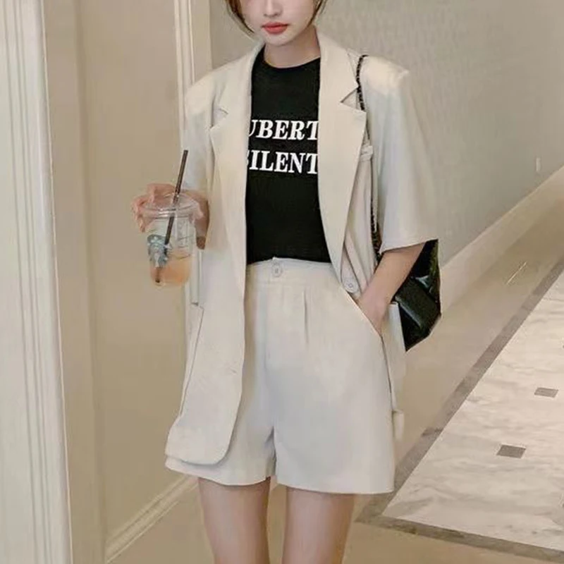 Summer Office Lady Elegant Fashion Short Sleeve Blazer Shorts Set Female Solid Loose Casual Suit Women's Clothing Coat Jacket