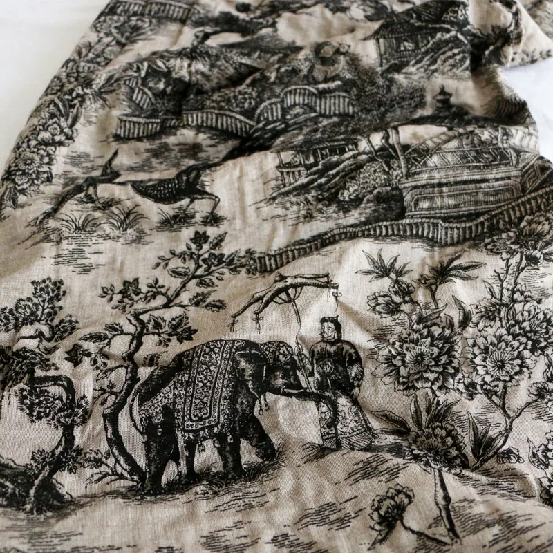 

Chinese Style Black Ancient Architecture Shanghe Map Scene Printing Ancient Rhyme Retro Cotton and Linen Clothing Fabrics Cloth