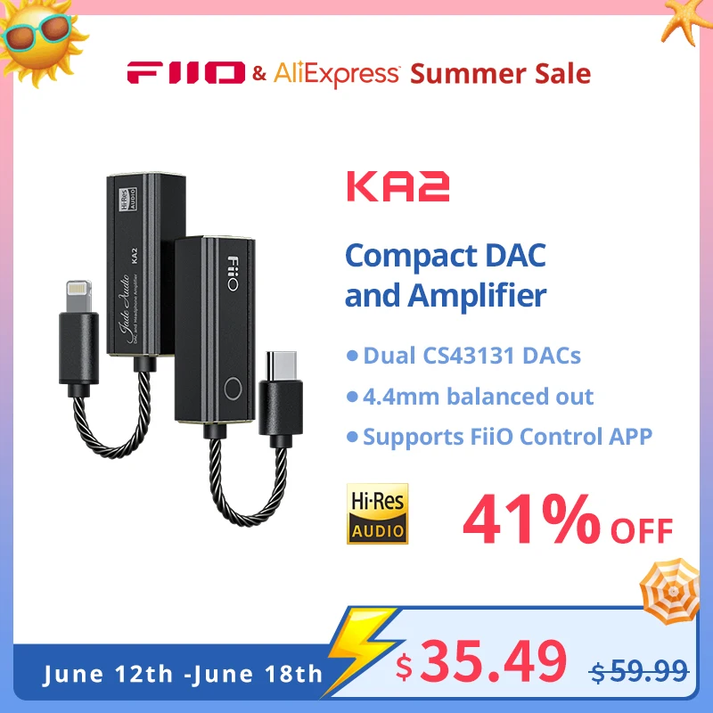 FiiO JadeAudio KA2 TypeC/Lightning to 4.4mm dongle, Double DAC CS43131 DSD256, HIFI Cable Adapter for Android IOS MAC Win10