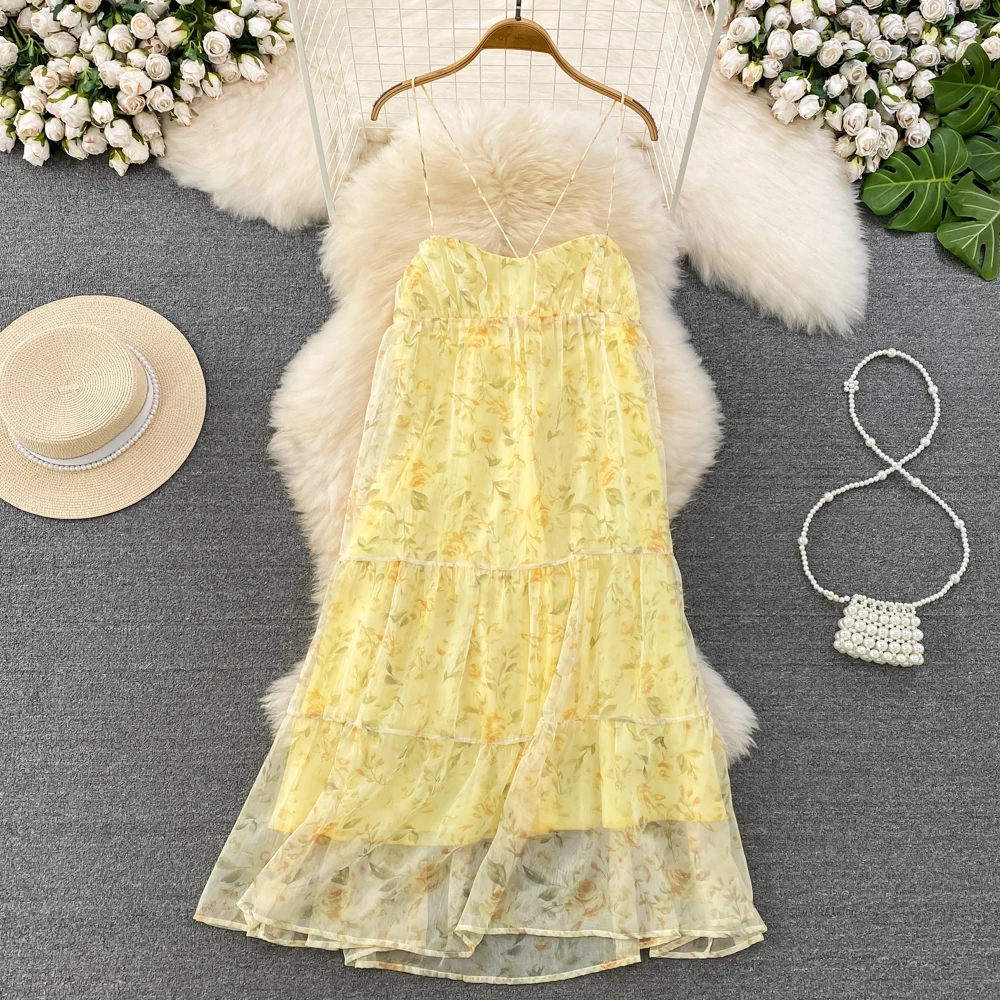 

Шифоновое платье-трапеция с принтом, Небольшой пляжный свободный наряд с лямкой на шее, с легким ветром, для отдыха на лето