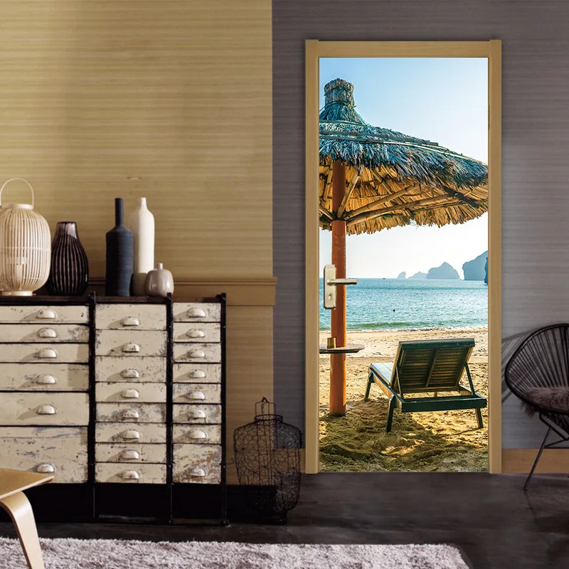 Пляжные теплые зонтики для шезлонгов с видом на море, наклейка на дверь, декоративная картина для спальни и гостиной, самоклеящаяся стена из ПВХ.