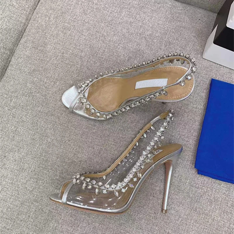 Spring and summer new European and American women's fish mouth high heels transparent rhinestone fashion banquet shoes