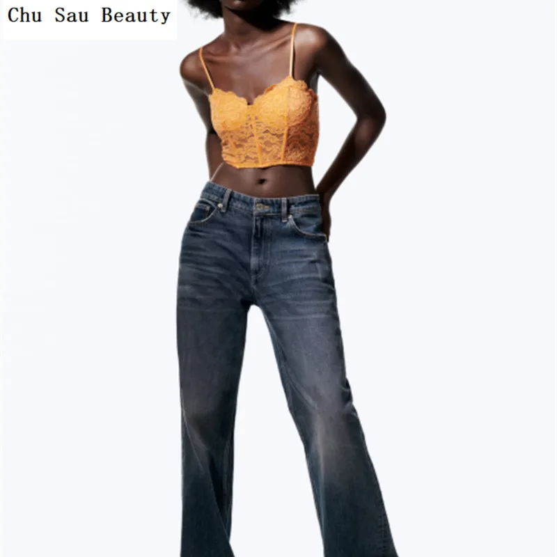 2022 ZA New Women Orange Lace Sexy Corset Spring Summer Fashion Versatile Adjustable Thin Sling Slim Lingerie Tops