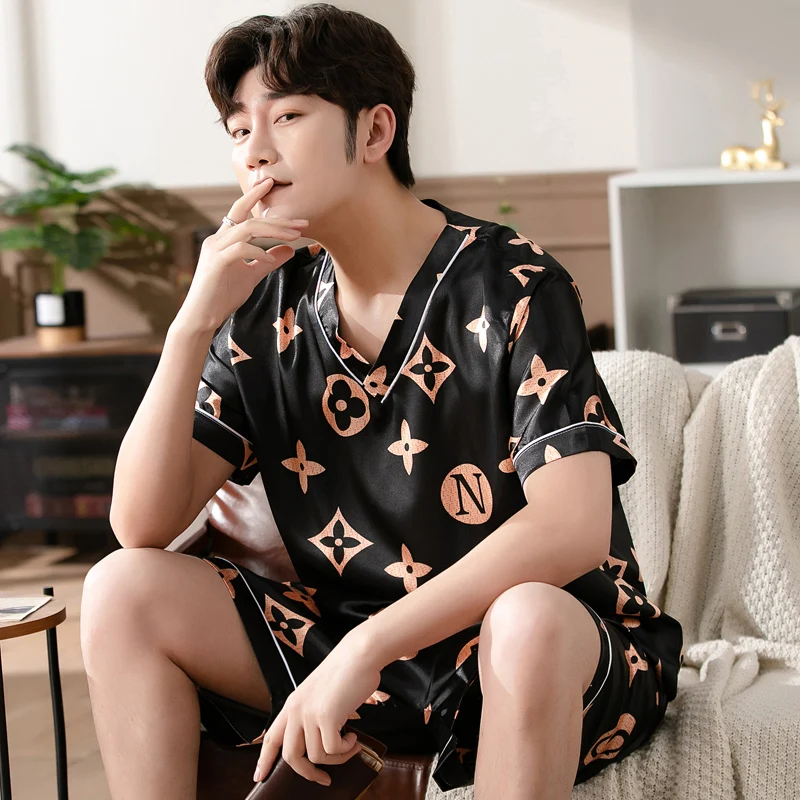 Summer Unisex Man Women Short Pajamas Sets Silk Home Clothes Sleepwear Suits