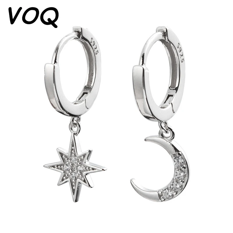 Хит продаж, модные циркониевые серьги-кольца VOQ в форме Луны и звезды для женщин, серебряный цвет, застежка для ушей 2021, лучший рождественский подарок, ювелирные изделия