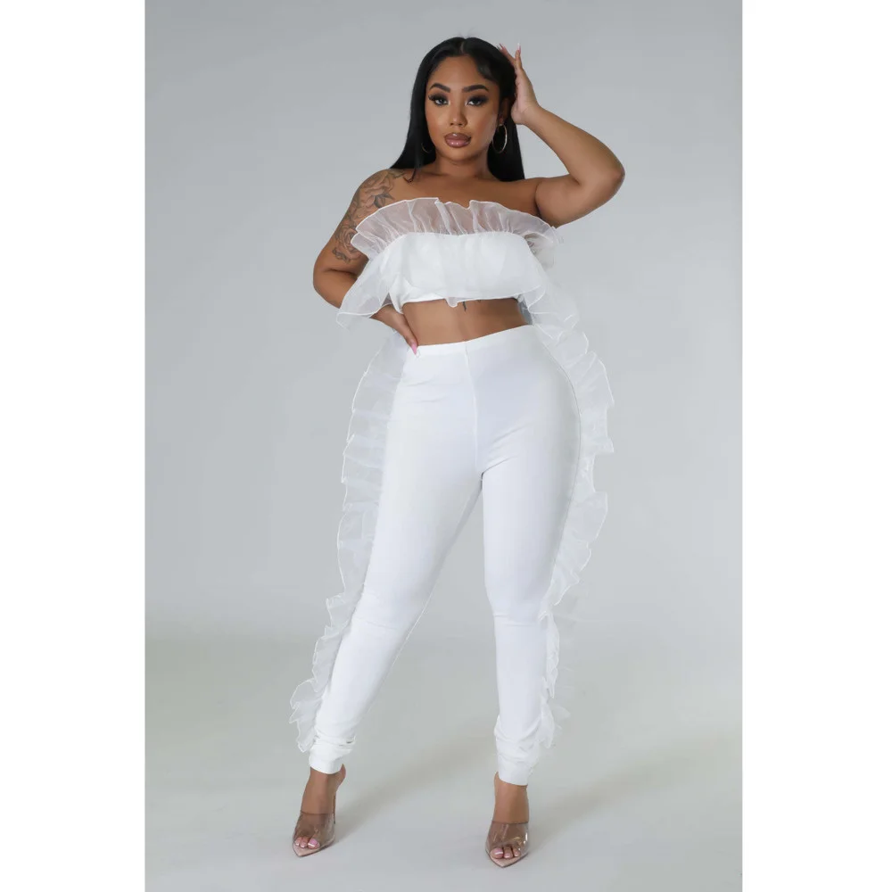 

Women's New Fashion Organza Sleeveless Bra Suit Sexy Ladies Club Wear Matching Outfits Summer Strapless Top And Pants Sets