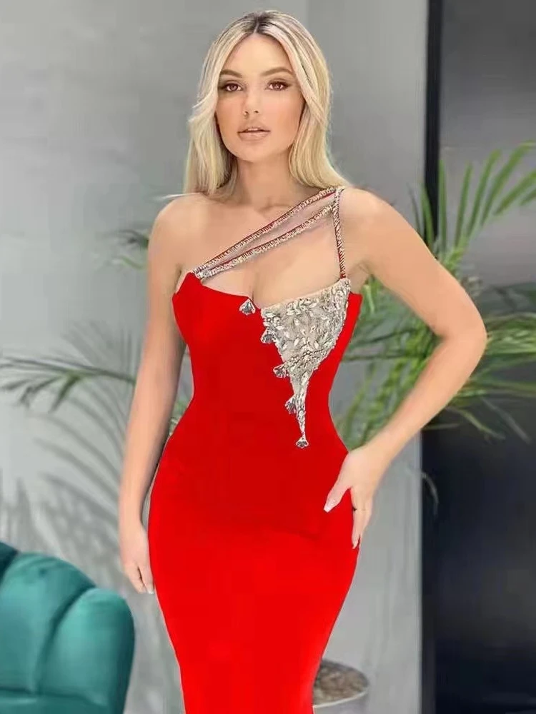 

Sexy Red Spaghetti Strap Crystal Diamonds Mini Bdocyon Bandage Dress Women Evening Celebrity Cocktail Party Club Christmas Dress