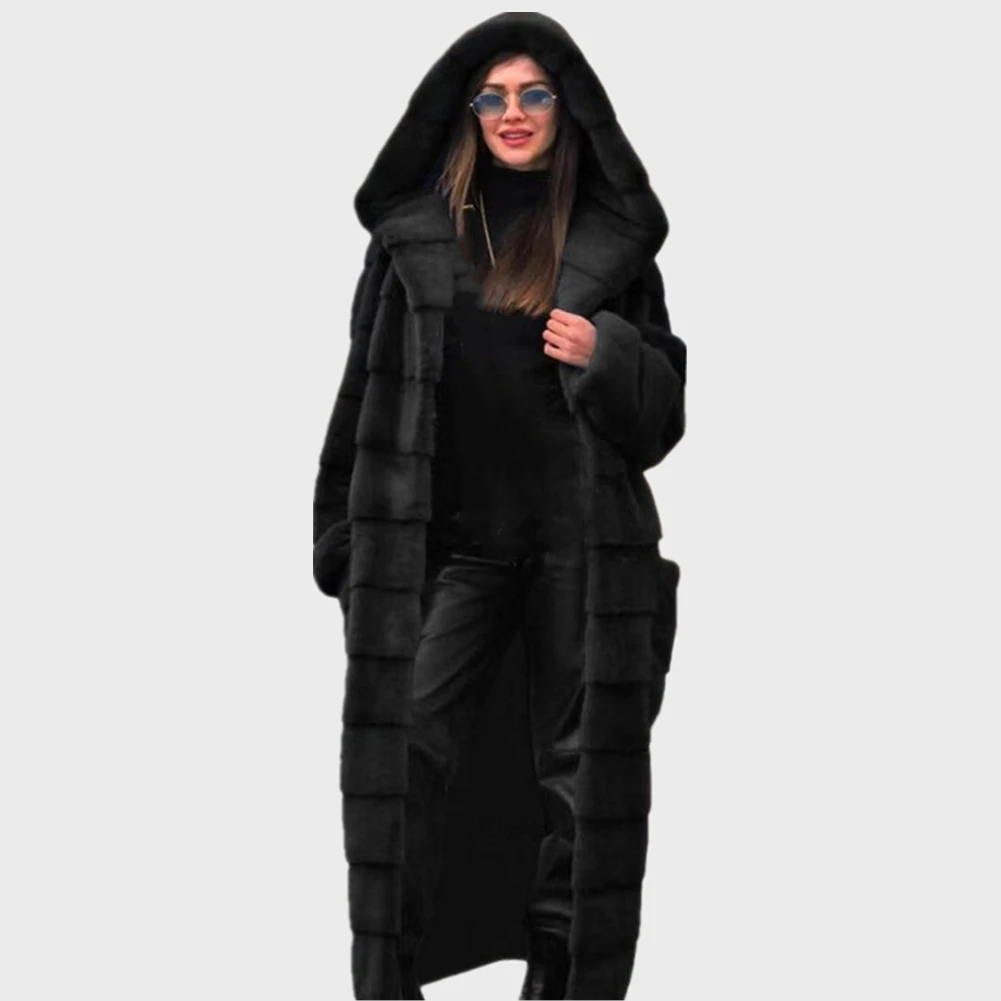 Women 5XL Winter Parka Coat Casual Long Sleeve Faux Fur Coat With Hooded Furry Thick Warm Long Faux Rabbit Fur Jacket Overcoat