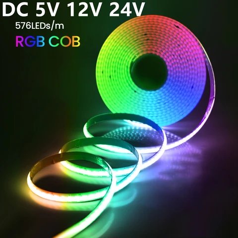 Светодиодная лента RGB COB, 5 В, 12 В, 24 В, 576 светодиодов/м, линейное освещение высокой плотности, гибкая светодиодная лента RGB для подсветки телевизора, украшение для дома