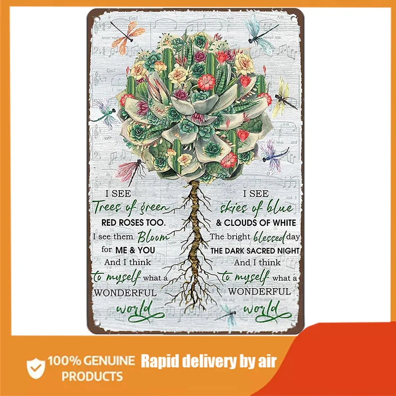 

Succulent Plant and Dragonfly What A Wonderful World Metal Tin Retro Sign Wall Decor for Home Cafes Office Store Pubs Club Sign