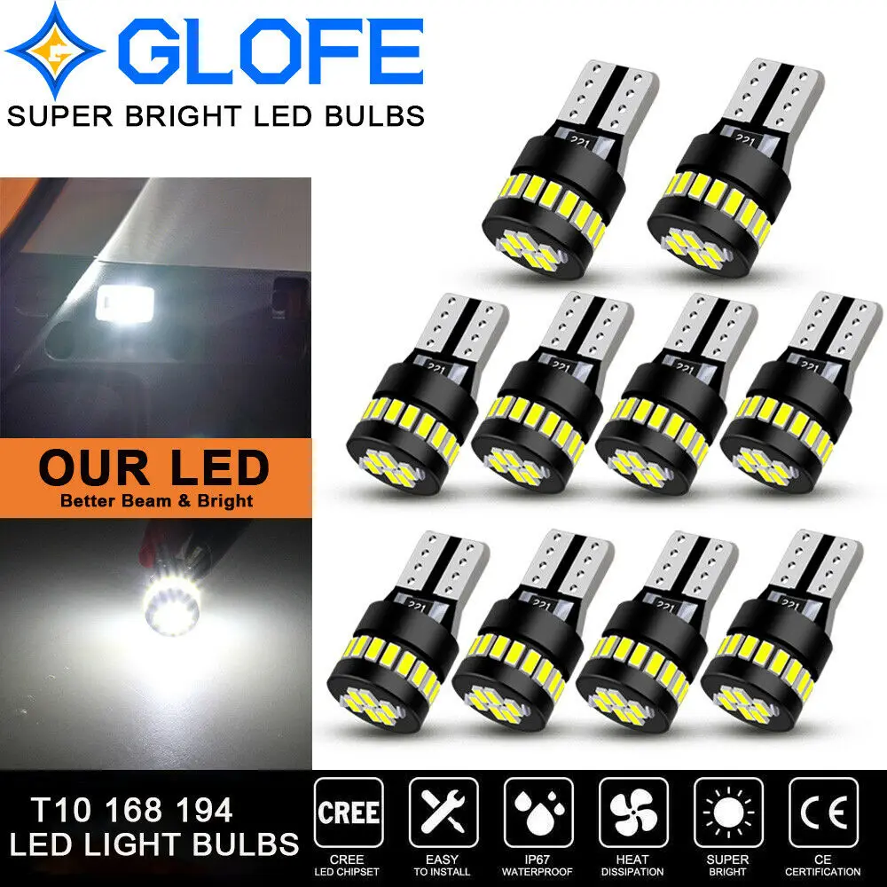 

Glofe T10 Led License Plate Light Bulbs 6000K White 168 2825 194 24-Smd Canbus