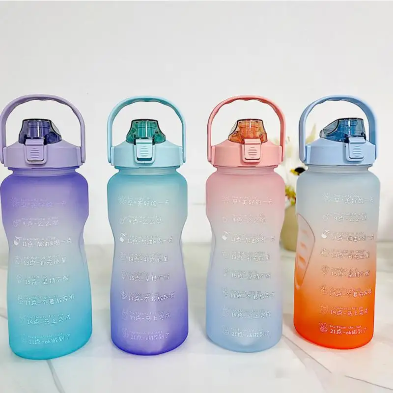 

2L Large Capacity Water Bottle Straw Cup With Bounce Cover Plastic Water Cup Time Scale Frosted Outdoor Sports Student Drinkware