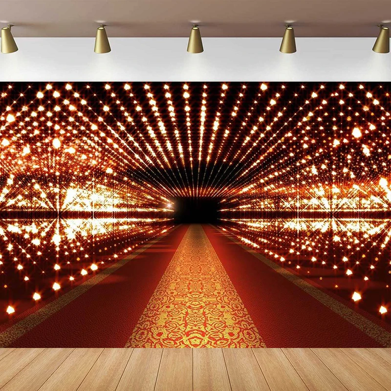 

Shiny Red Carpet Festival Photography Backdrop Stage Passage with Sparkle Spotlights Background Adults Portrait Hall Party Decor